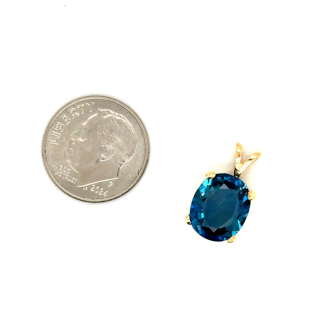 New 14k Yellow Gold London Blue Oval Topaz Pendant