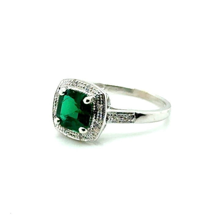 10k White Gold Synthetic Emerald and Diamonds Ring