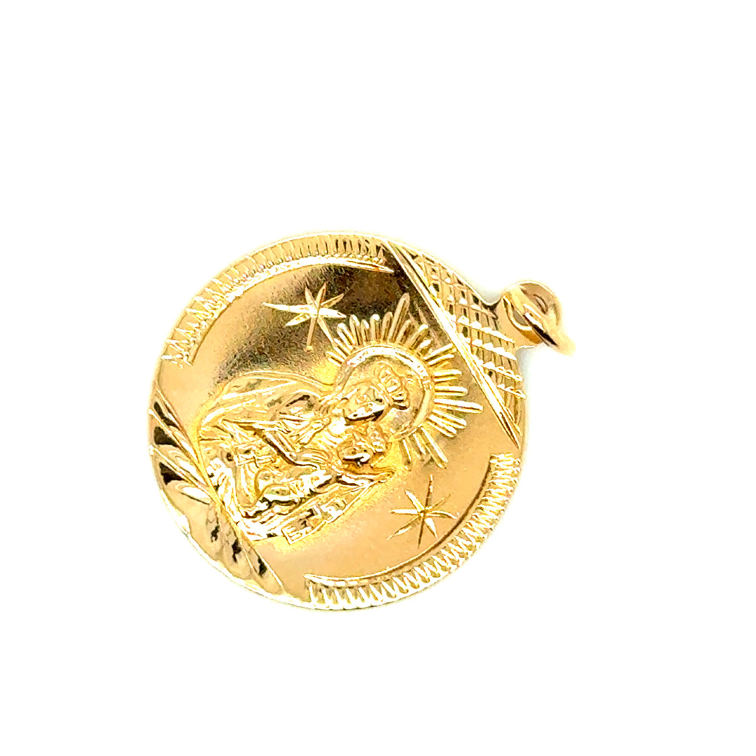 18k Yellow Gold Mother of God Medallion Round Pendant