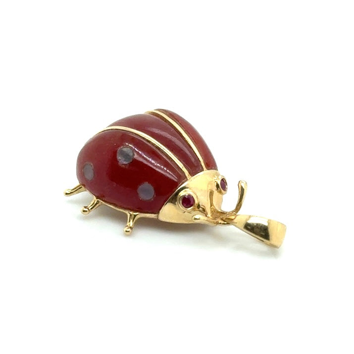 14k Yellow Gold Carnelian and Ruby Eyes Ladybug Pendant