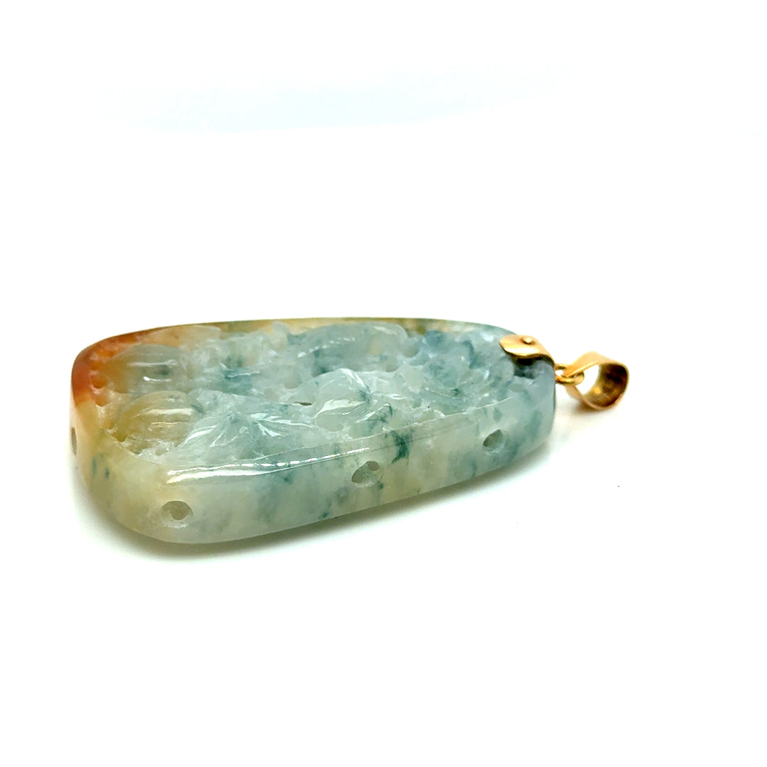 14k Yellow Gold Carved Green Brown Natural Jade Bird and Dragon Pendant