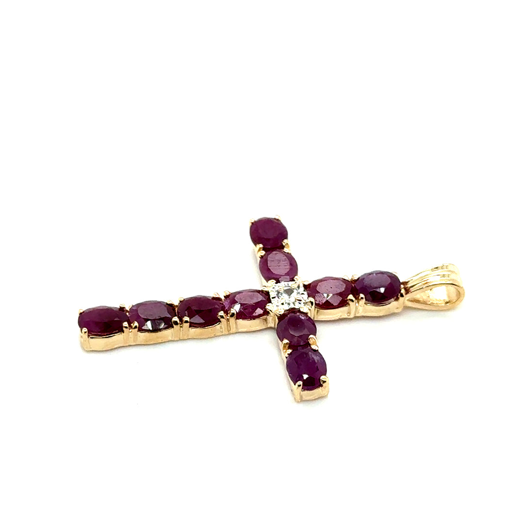 New 10k Yellow Gold Ruby & Diamond Cross Pendant