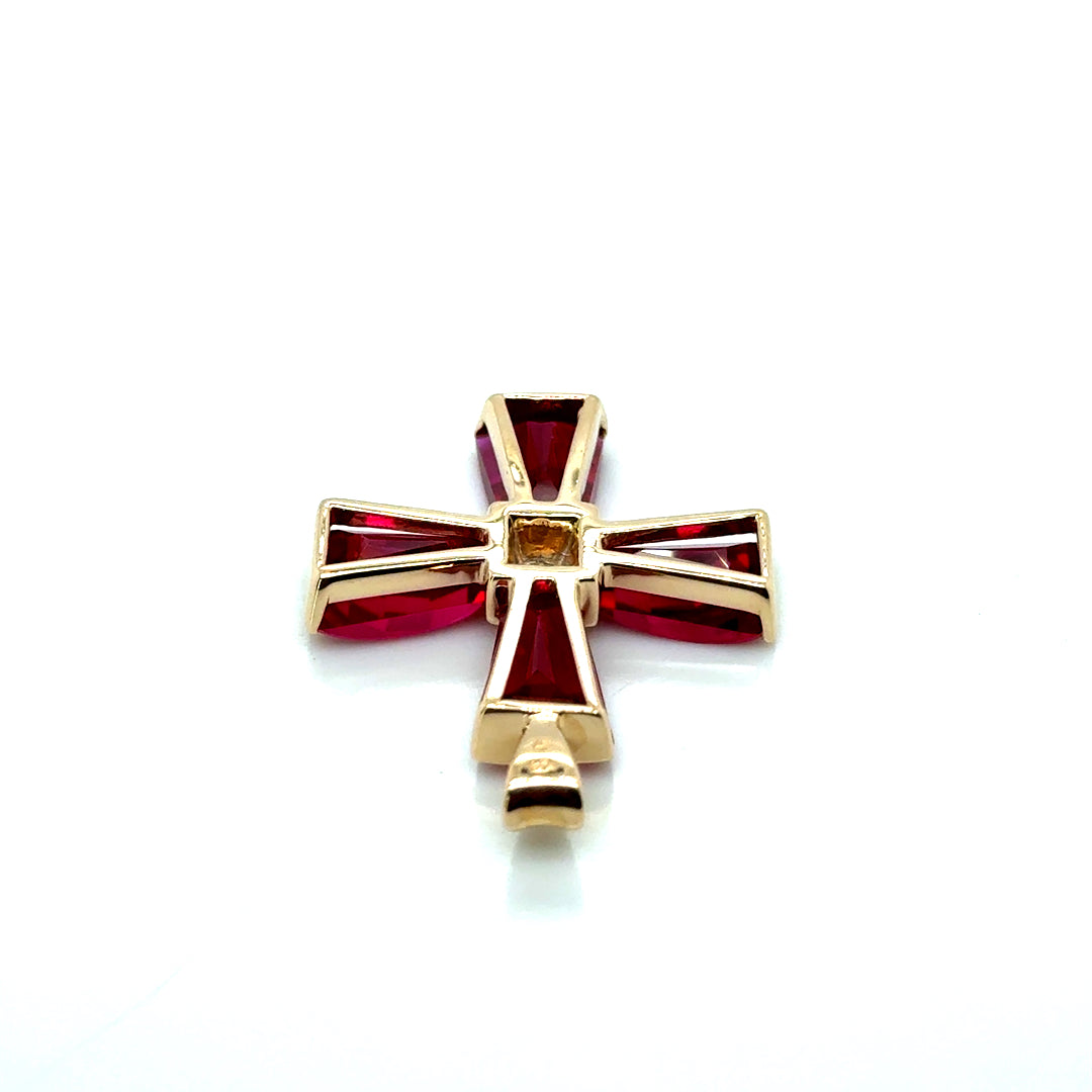 New 10k Yellow Gold Diamond & Pink Ruby Cross Pendant