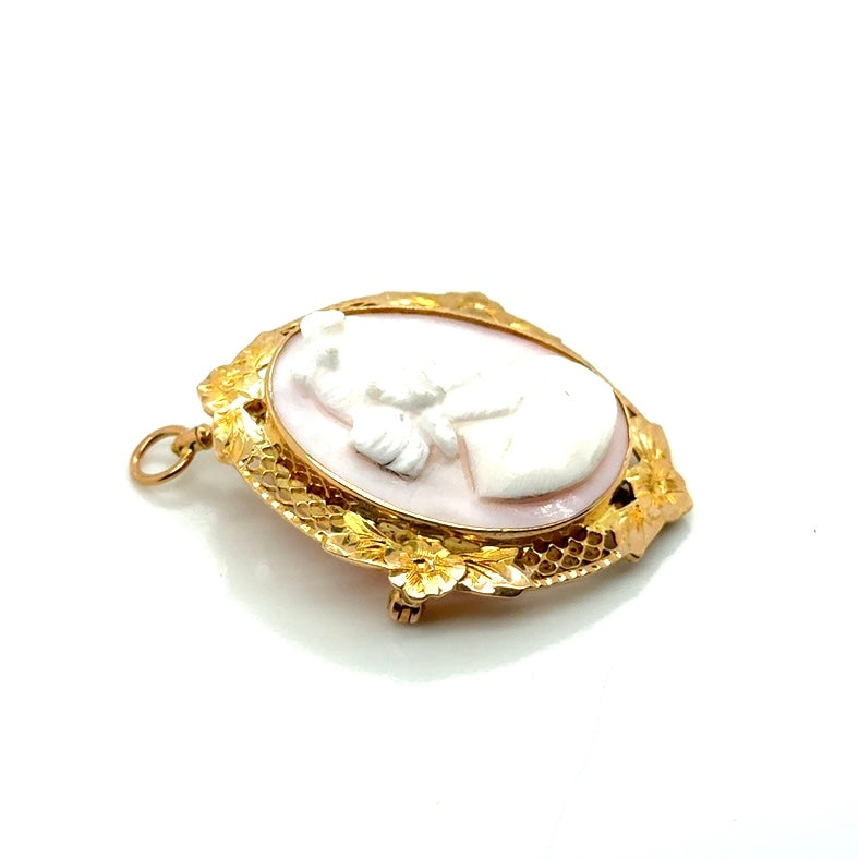 Vintage 10k Yellow Gold and Pink Shell Carved Floral Brooch/Pendant