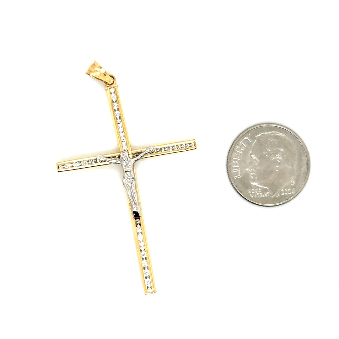 14k Yellow & White Gold Crucifix Cross CZ Pendant