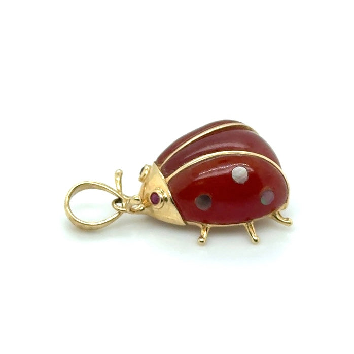 14k Yellow Gold Carnelian and Ruby Eyes Ladybug Pendant