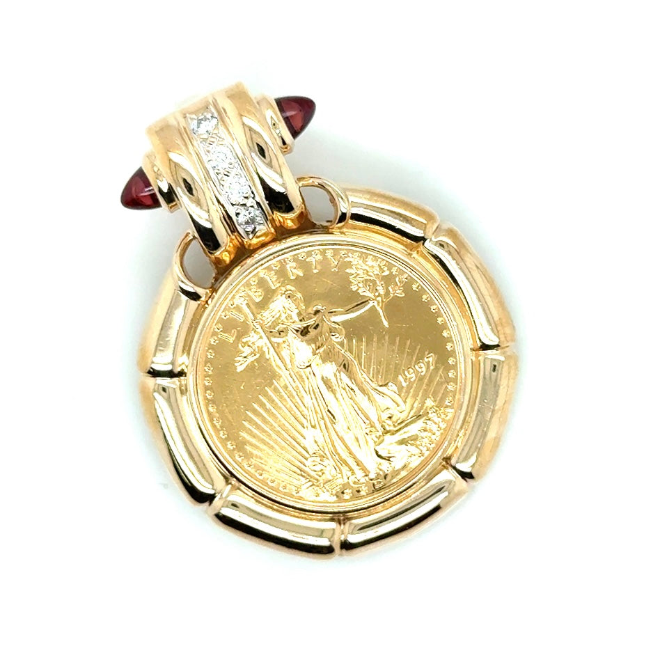 14k Yellow Gold 1997 Coin, Diamonds and Garnet Pendant