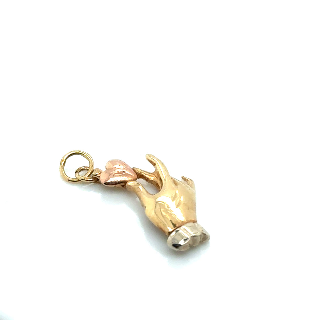 14k Yellow, White and Pink Gold Hand with Heart Pendant