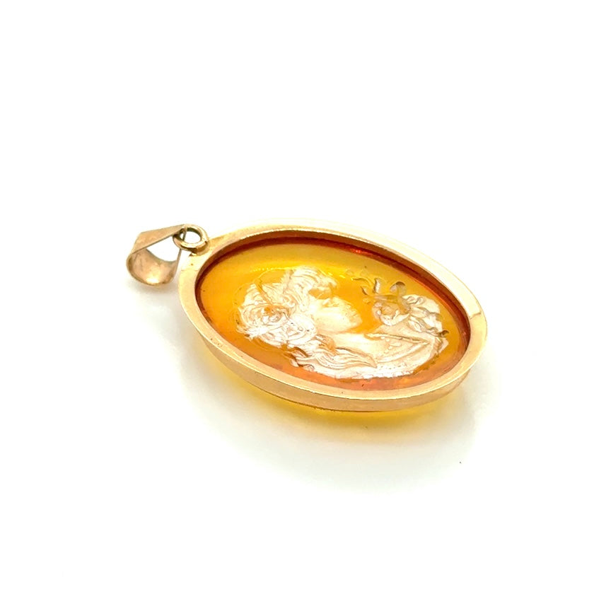 Vintage 14k YG Amber Intaglio Reverse Cameo Portrait Pendant Mickey Anthony