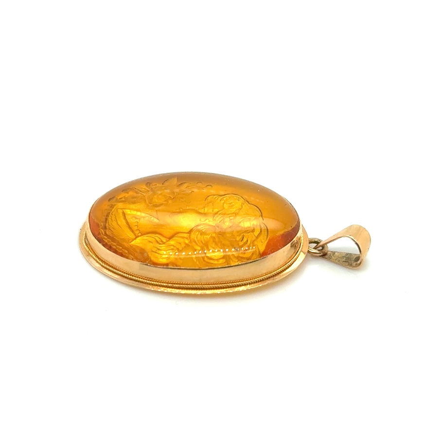 Vintage 14k YG Amber Intaglio Reverse Cameo Portrait Pendant Mickey Anthony