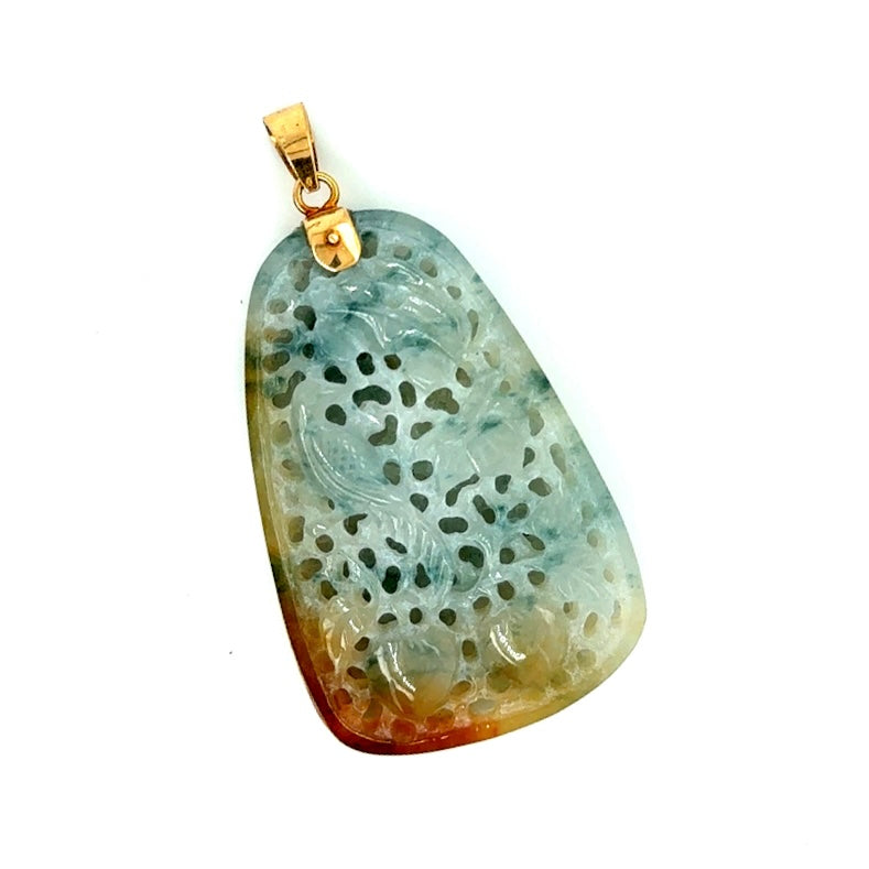 14k Yellow Gold Carved Green Brown Natural Jade Bird and Dragon Pendant