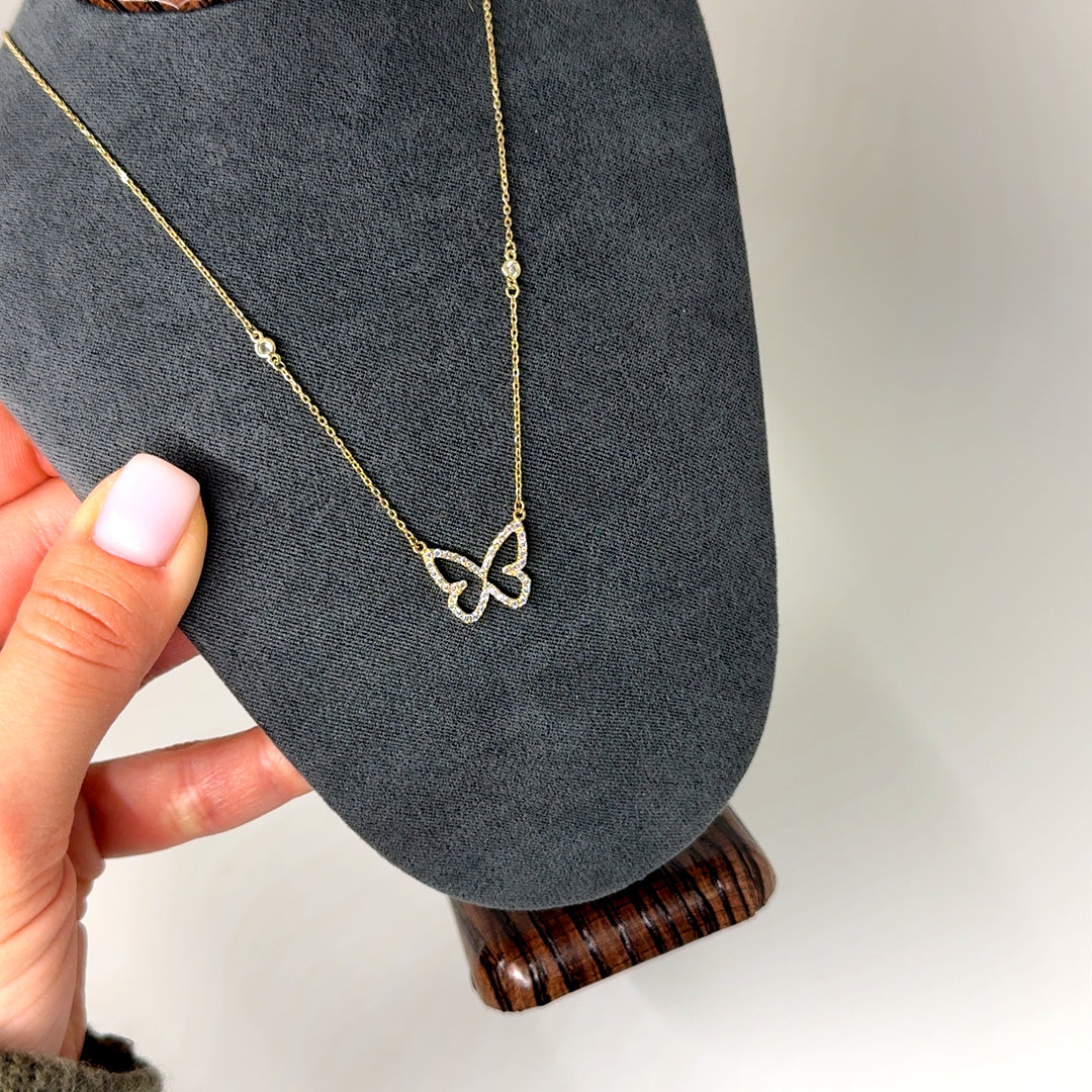 New 14k Yellow Gold Cubic Zirconia Butterfly Necklace