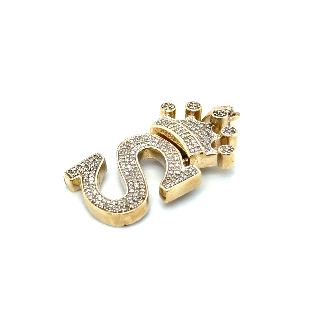 14k Yellow Gold Letter “S” 1.80 CT TW Diamonds with Crown Pendant