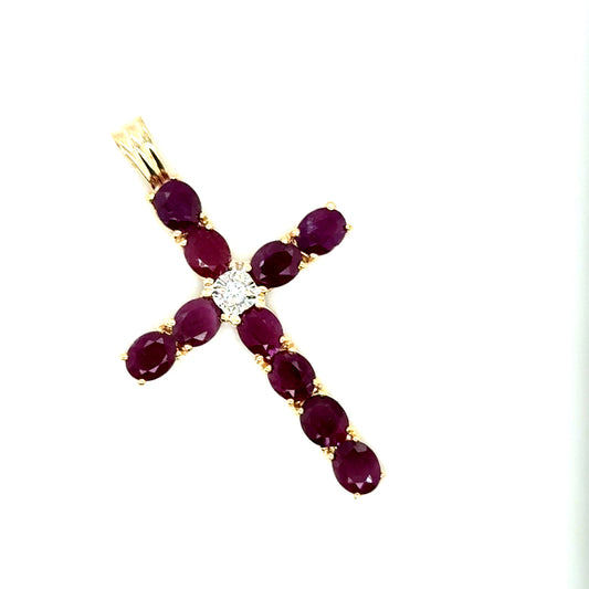 New 10k Yellow Gold Ruby & Diamond Cross Pendant