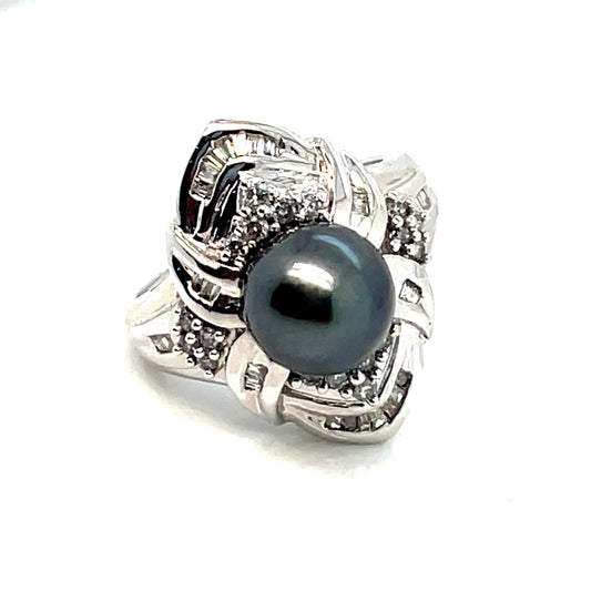 14k White Gold Pearl Diamond 0.80 CT TW Ring