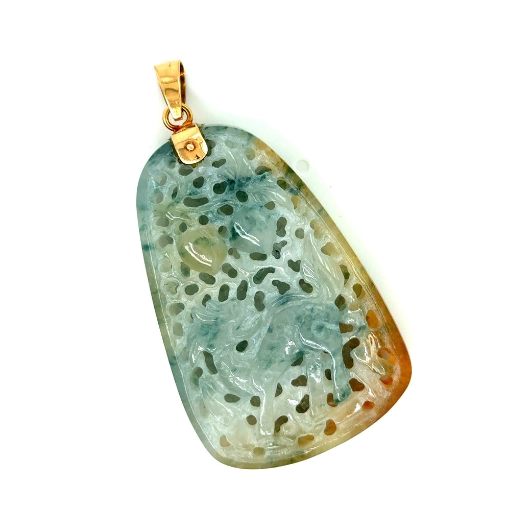 14k Yellow Gold Carved Green Brown Natural Jade Bird and Dragon Pendant