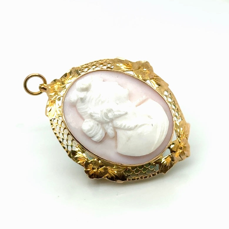 Vintage 10k Yellow Gold and Pink Shell Carved Floral Brooch/Pendant