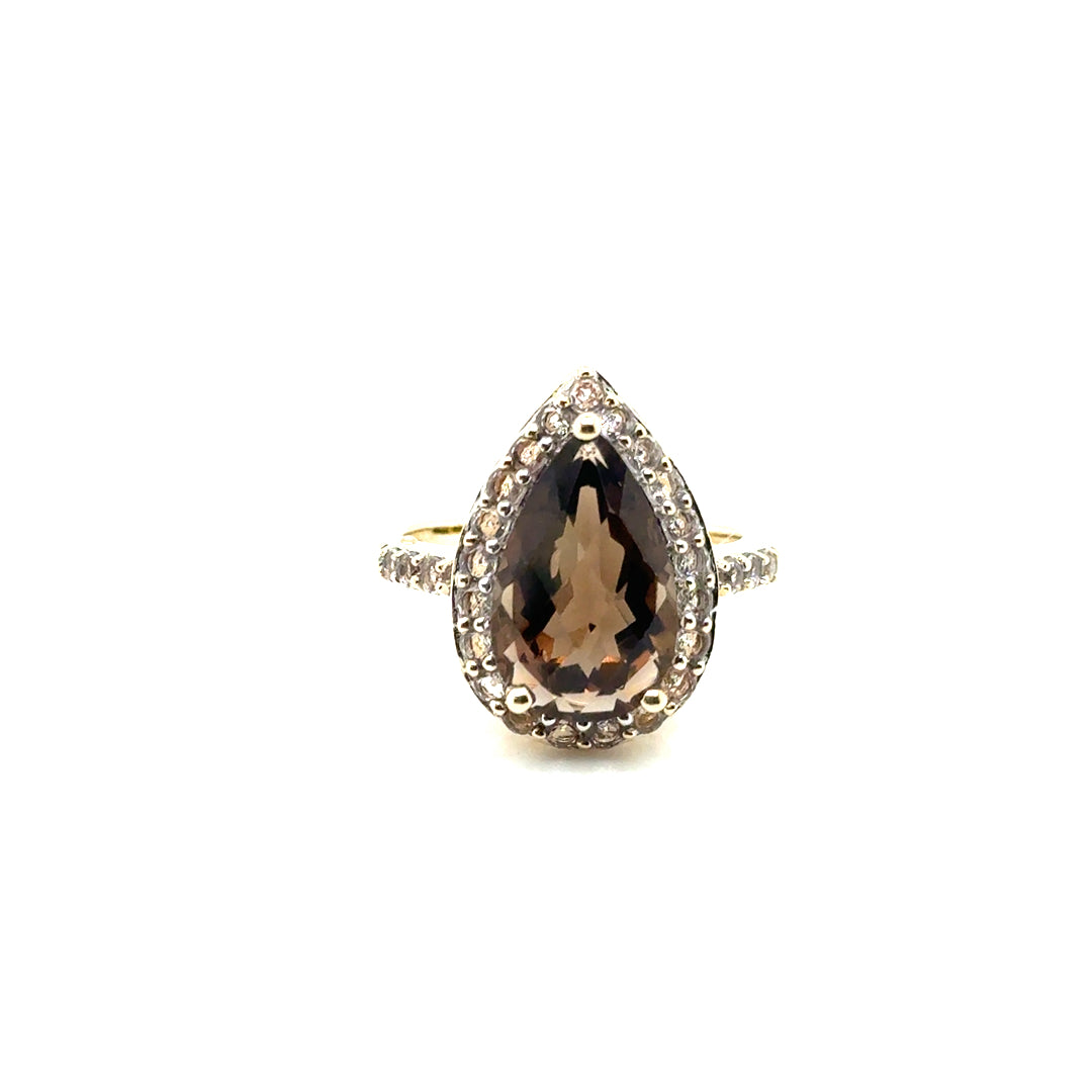 New 10k Yellow Gold Cubic Zirconia & Smokey Quartz Ring