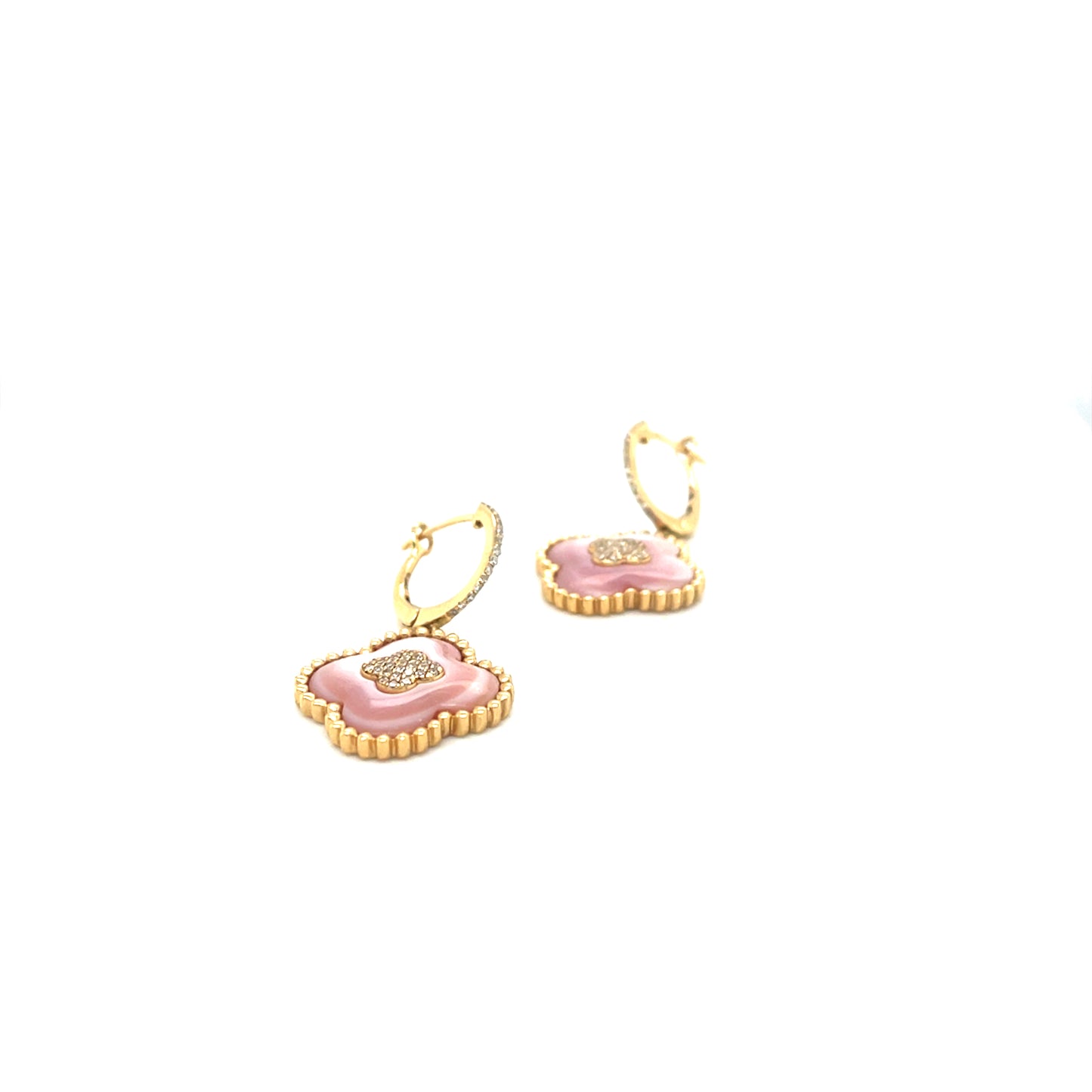 14k Yellow Gold Van Cleef Style Rose Quartz and 0.75 CT TW Diamonds Earrings