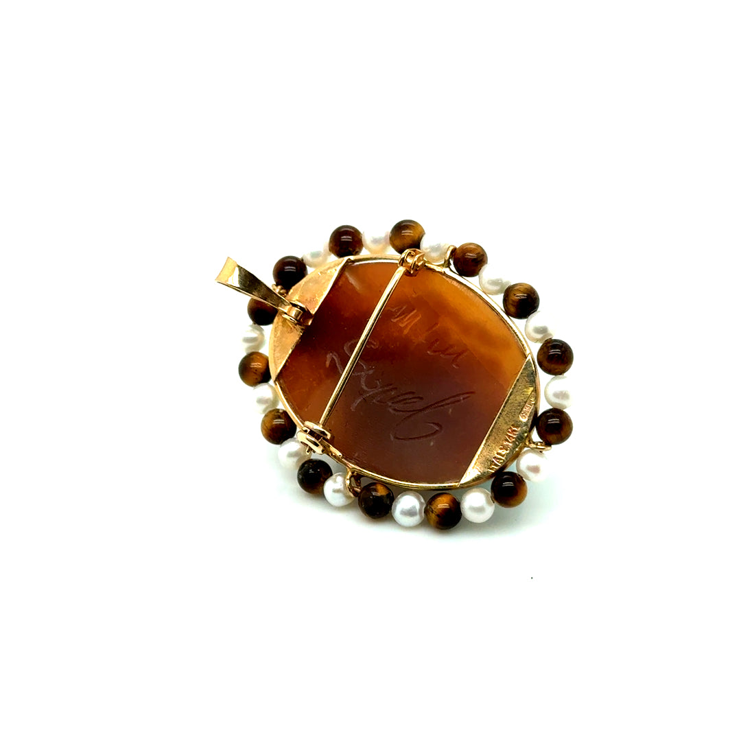 Vintage 14k Yellow Gold Italy Pearl and Tiger Stone Brooch/Pendant