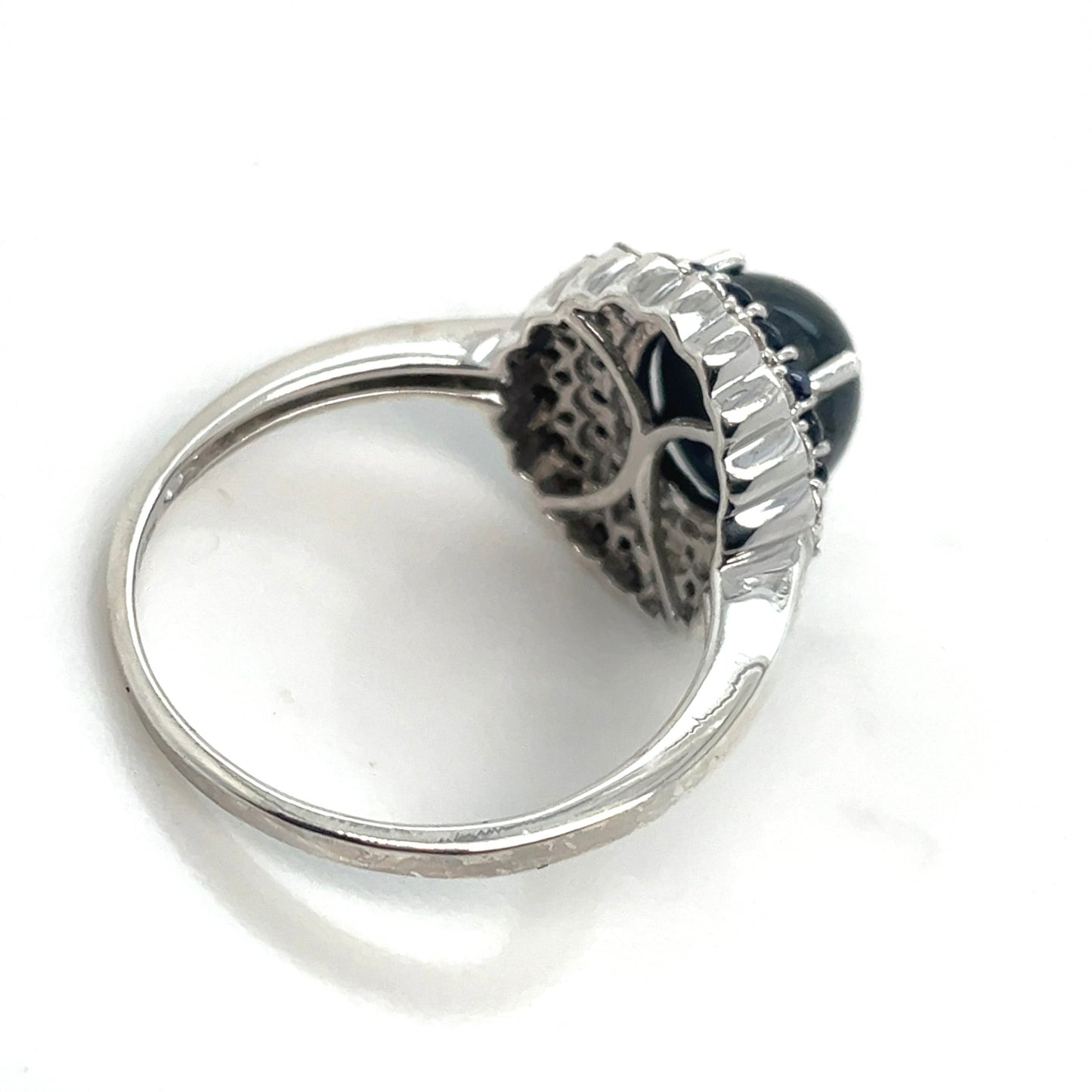 Round White Cubic Zirconia, Round Blue Sapphire, Central Cabochon Cut Sapphire Stone in Silver Ring