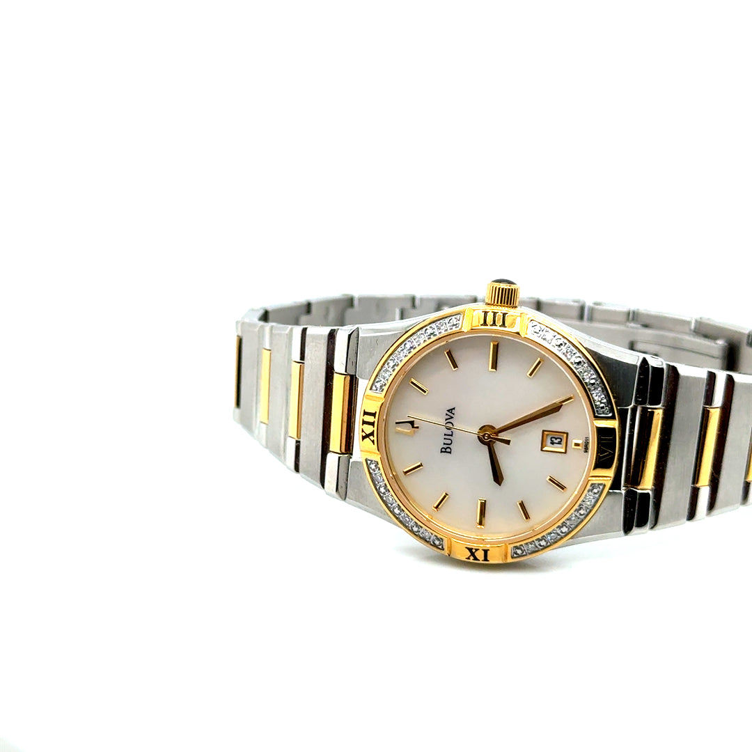 BULOVA Stainless Steel Classic Woman’s Gold Mother-of-Pearl Diamonds Watch
