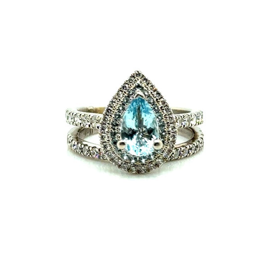 14k White Gold Diamonds & Aquamarine Engagement Ring Set 1.30 CT TW