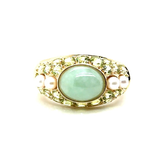 14k Yellow Gold Jade, Pearls and Tourmaline Stones Ring