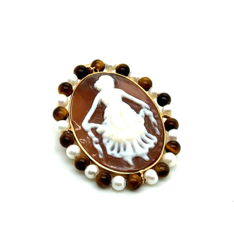 Vintage 14k Yellow Gold Italy Pearl and Tiger Stone Brooch/Pendant