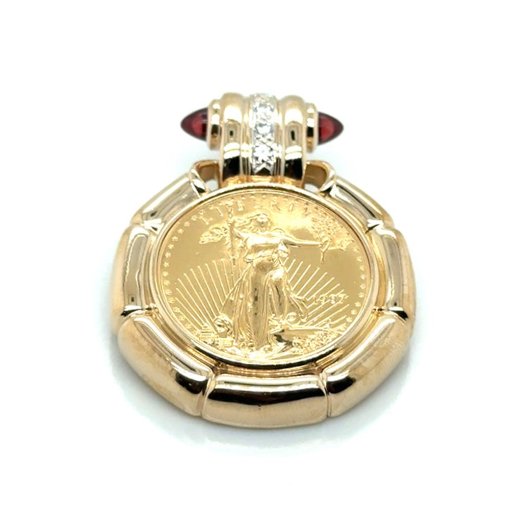 14k Yellow Gold 1997 Coin, Diamonds and Garnet Pendant