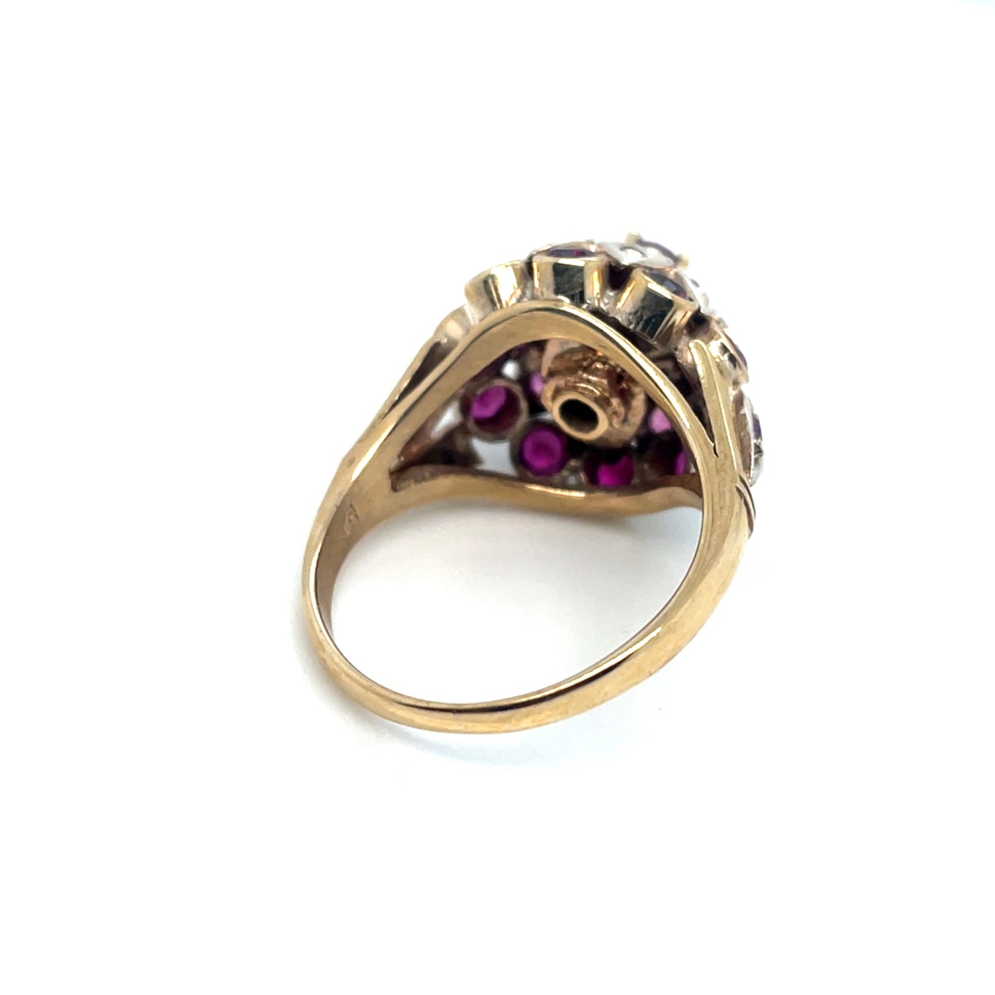 Vintage Thai Princess Harem 18k Yellow Gold and Sterling Silver Tourmaline and Ruby Antique Ring