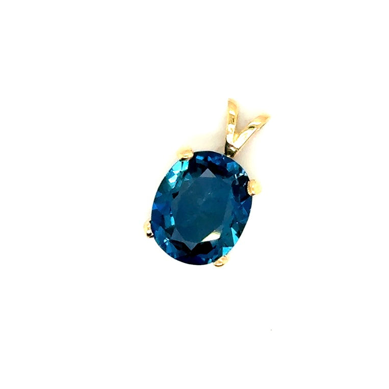 New 14k Yellow Gold London Blue Oval Topaz Pendant