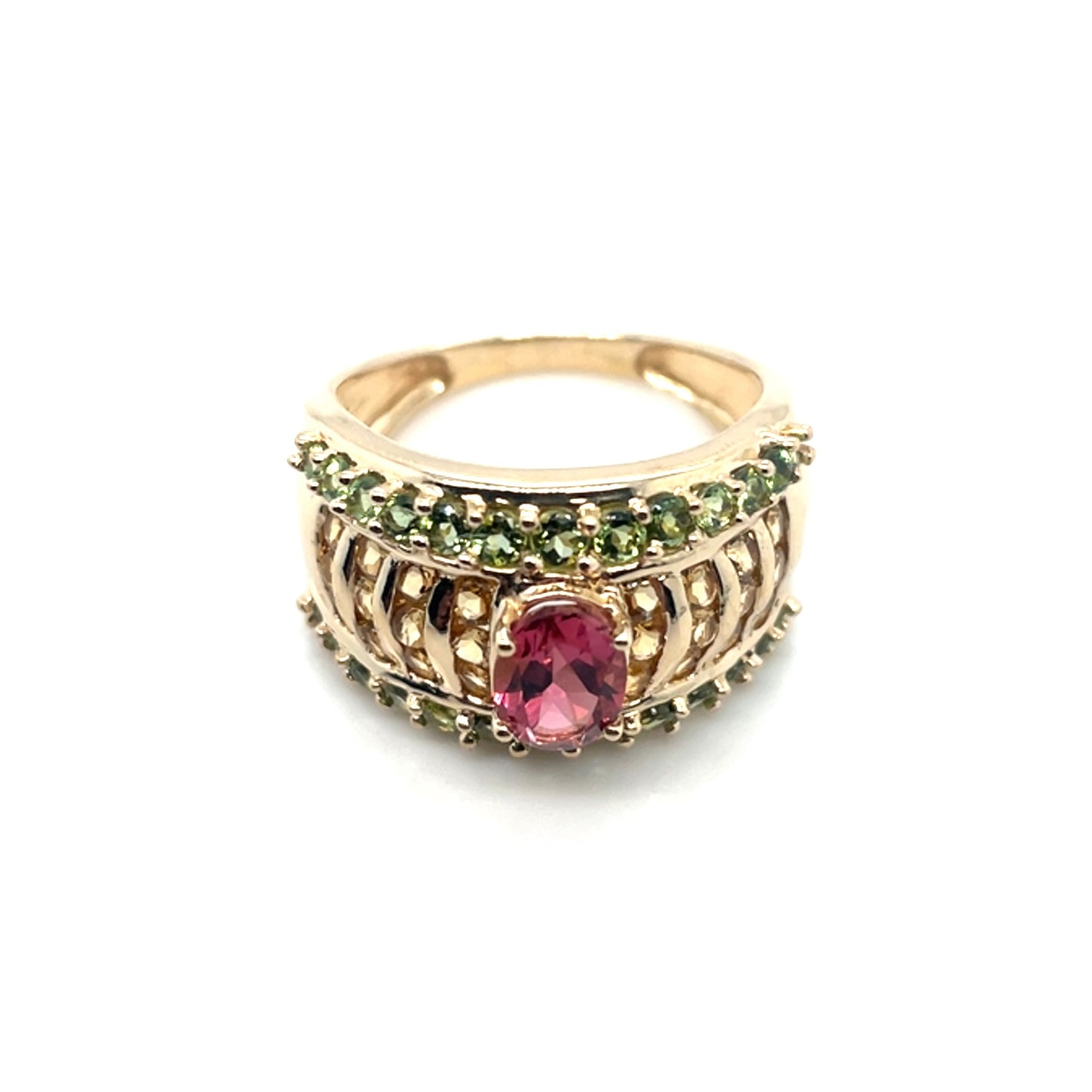 14k Yellow Gold Green Peridot and Pink, Yellow Tourmaline Ring