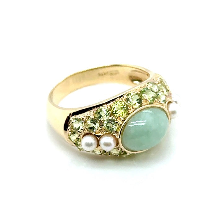 14k Yellow Gold Jade, Pearls and Tourmaline Stones Ring