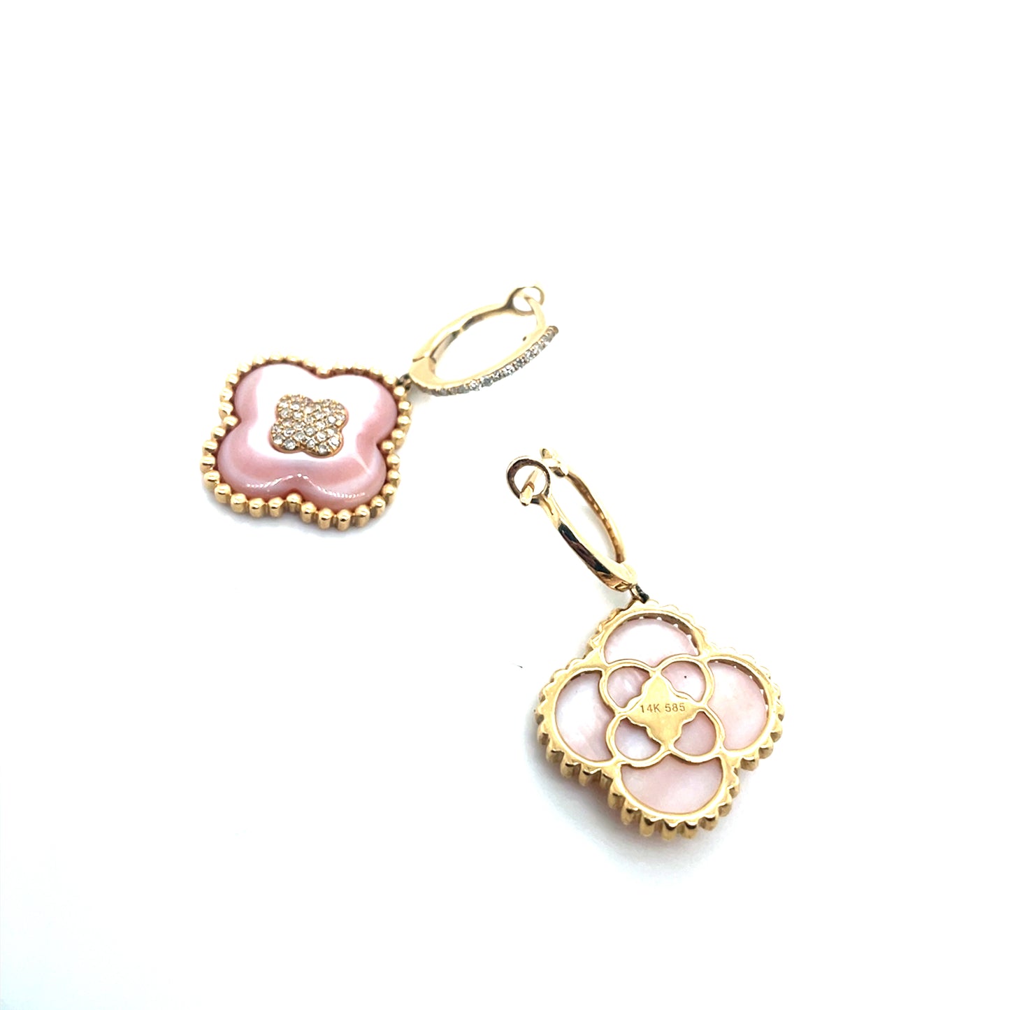14k Yellow Gold Van Cleef Style Rose Quartz and 0.75 CT TW Diamonds Earrings