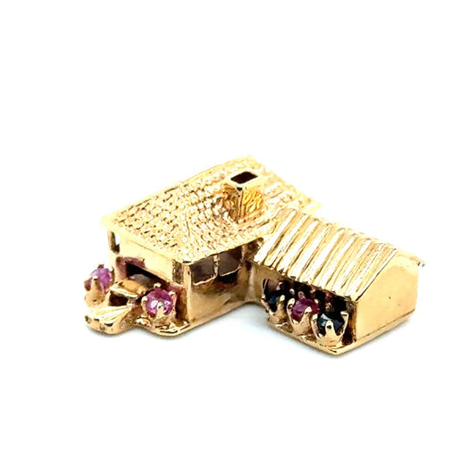 New 14k Yellow Gold House with Car, Pink Tourmaline and Sapphire Pendant