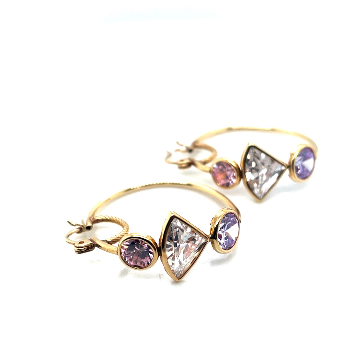 14k Yellow Gold Pink, White and Purple Cubic Zirconia Earrings