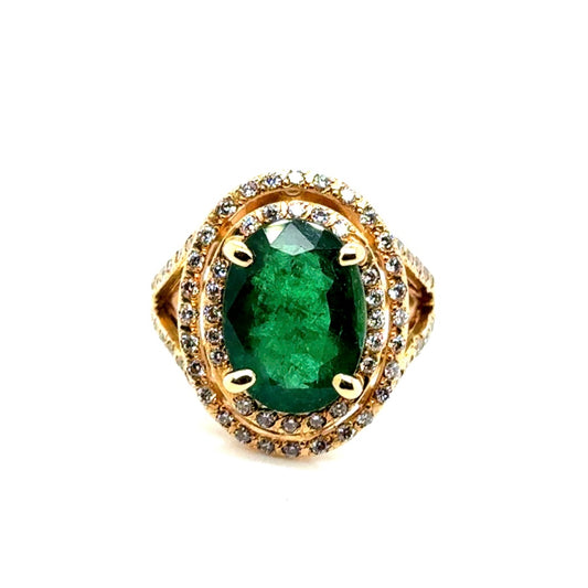 New 14k Yellow Gold 1.40 CT TW Diamond & Genuine Zambian Emerald Ring