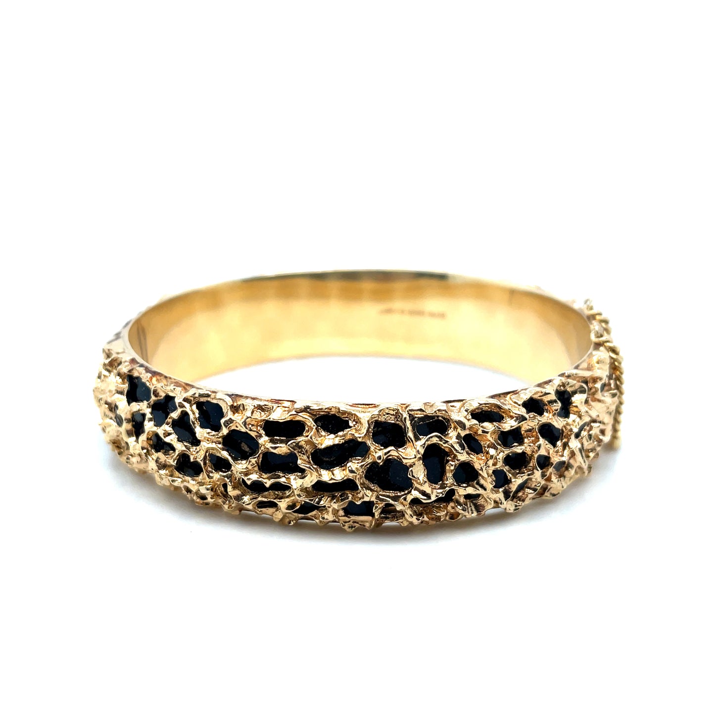 Vintage 1980’s 14k Yellow Gold Hand Made Bangle Bracelet with Filigree and Onyx