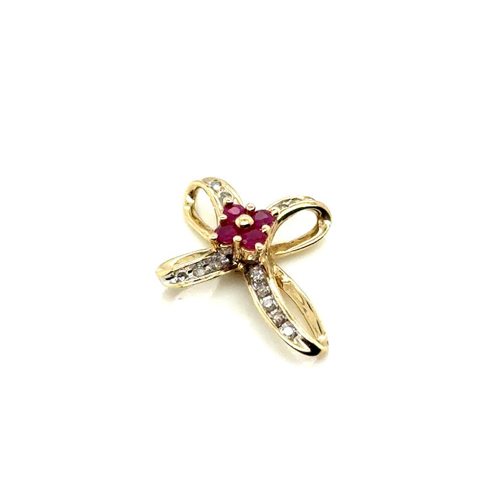 10k Yellow Gold Ruby & 0.10 CT TW Diamond Cross Pendant