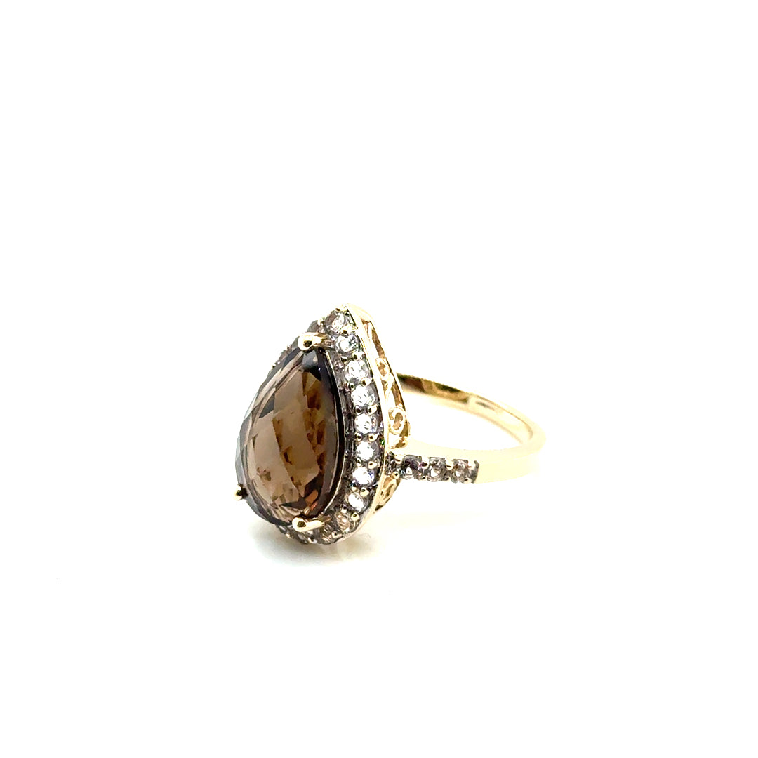 New 10k Yellow Gold Cubic Zirconia & Smokey Quartz Ring