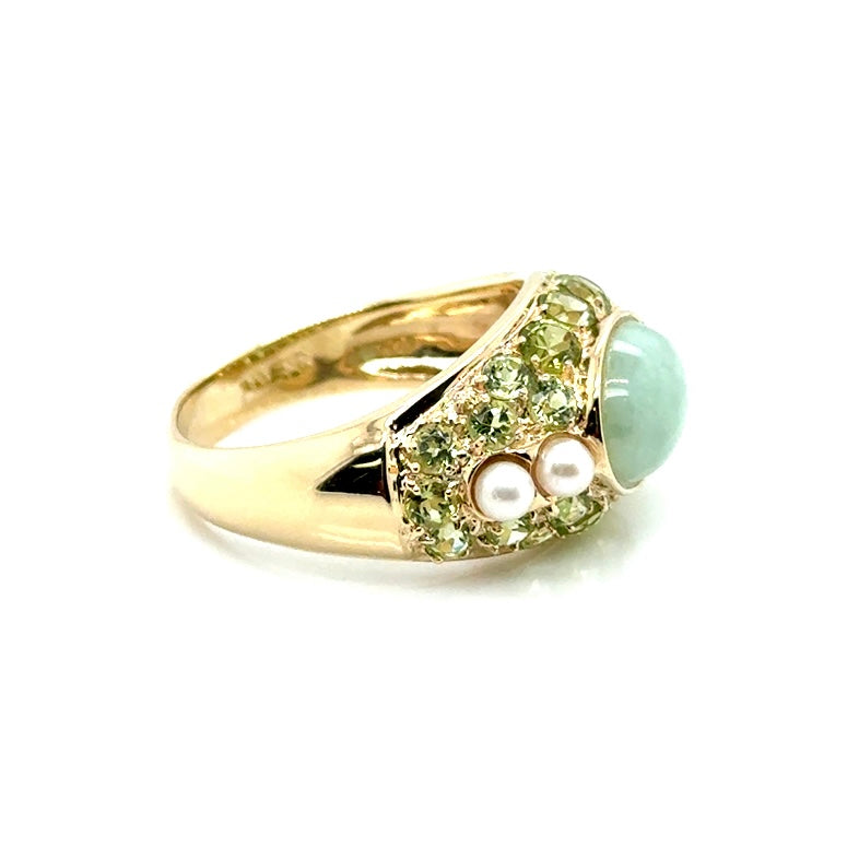 14k Yellow Gold Jade, Pearls and Tourmaline Stones Ring