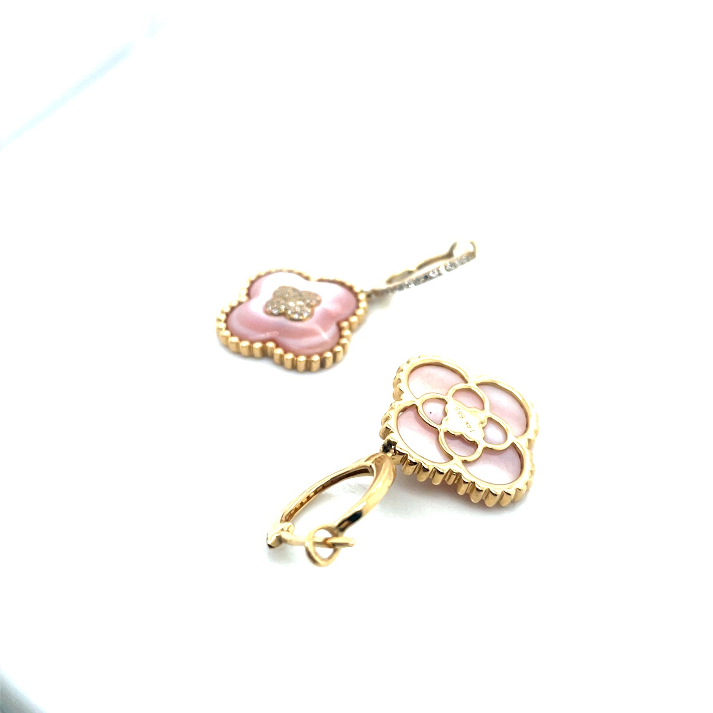 14k Yellow Gold Van Cleef Style Rose Quartz and 0.75 CT TW Diamonds Earrings