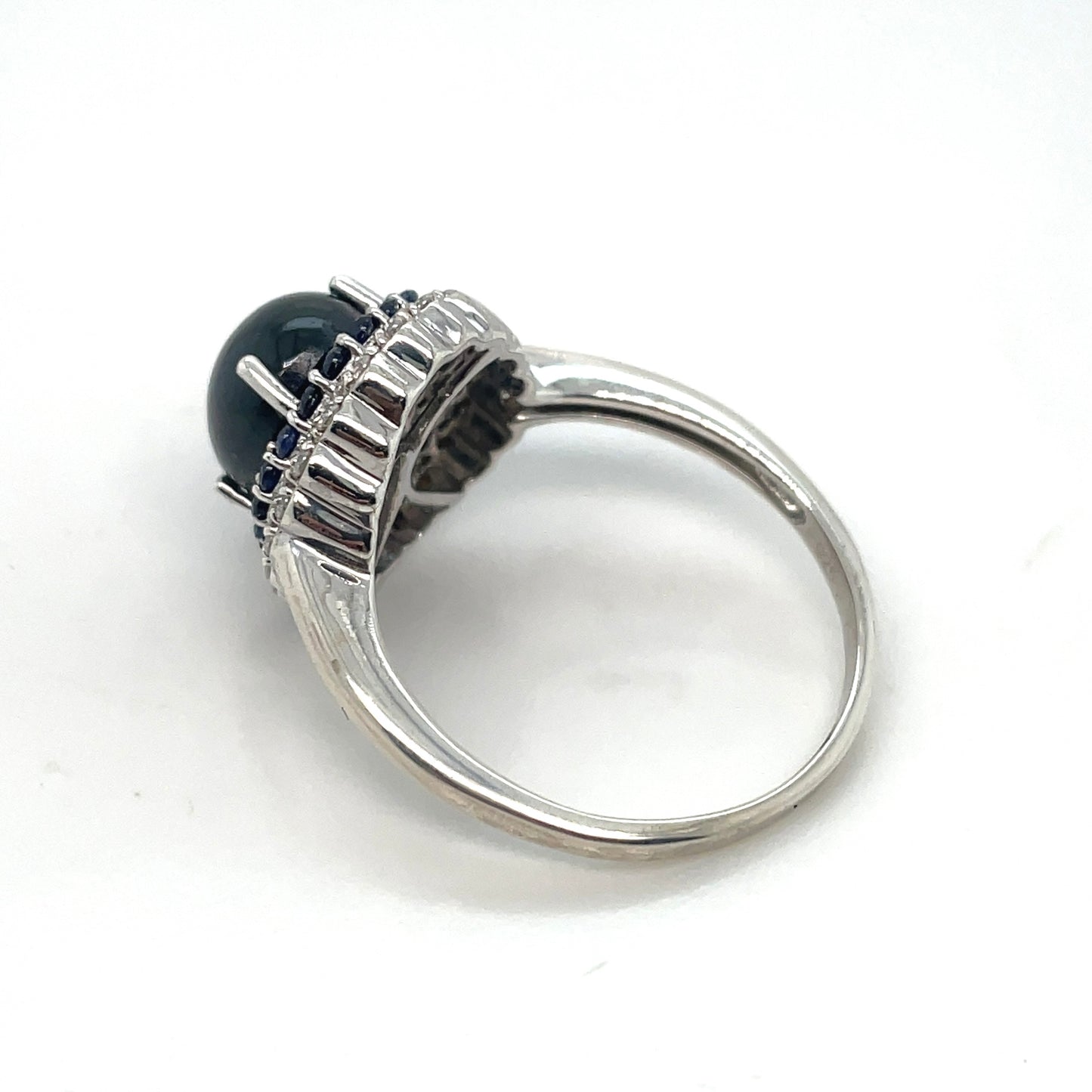 Round White Cubic Zirconia, Round Blue Sapphire, Central Cabochon Cut Sapphire Stone in Silver Ring