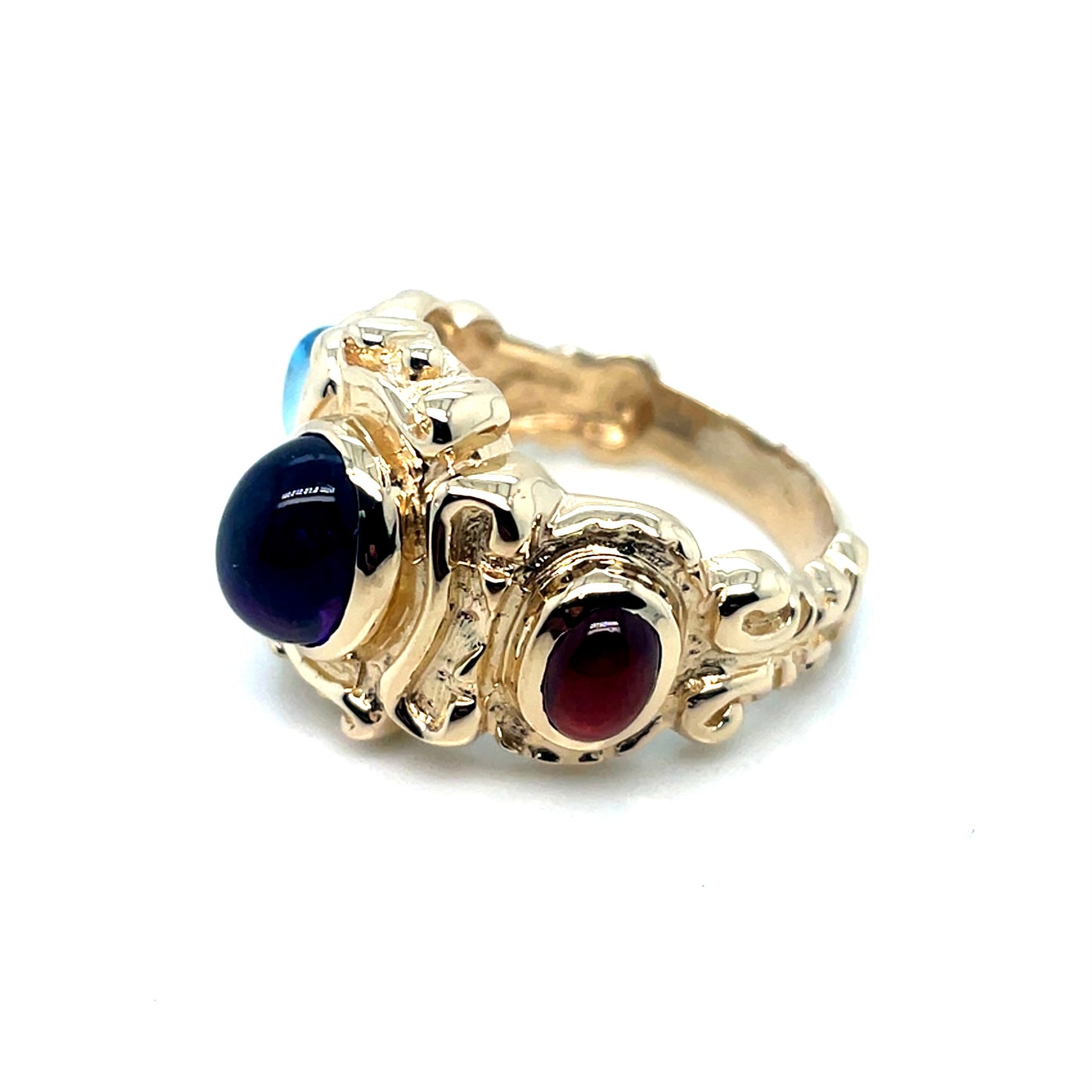14k Yellow Gold Purple Amethyst and Cherry Red Garnet and Blue Aquamarine Ring