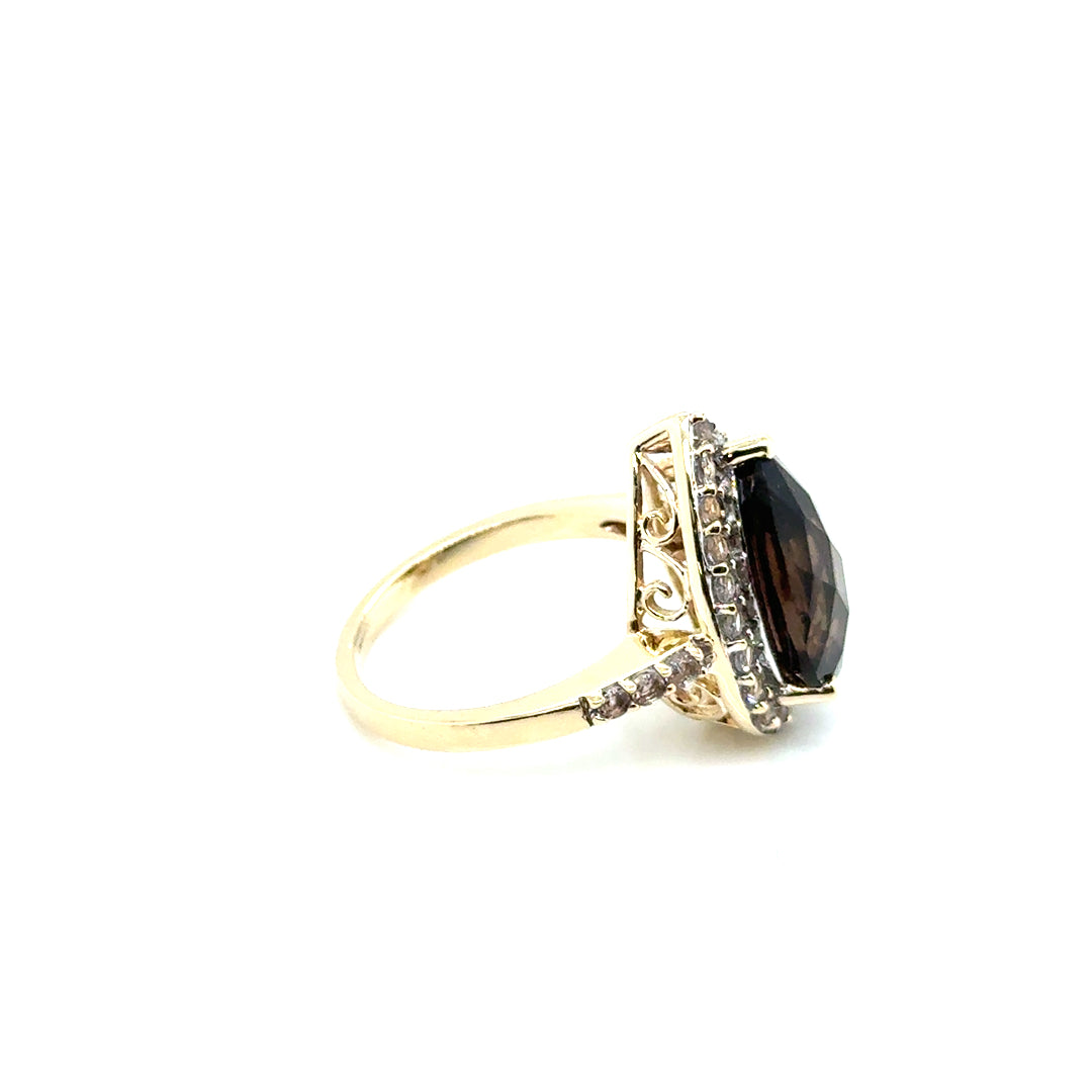 New 10k Yellow Gold Cubic Zirconia & Smokey Quartz Ring