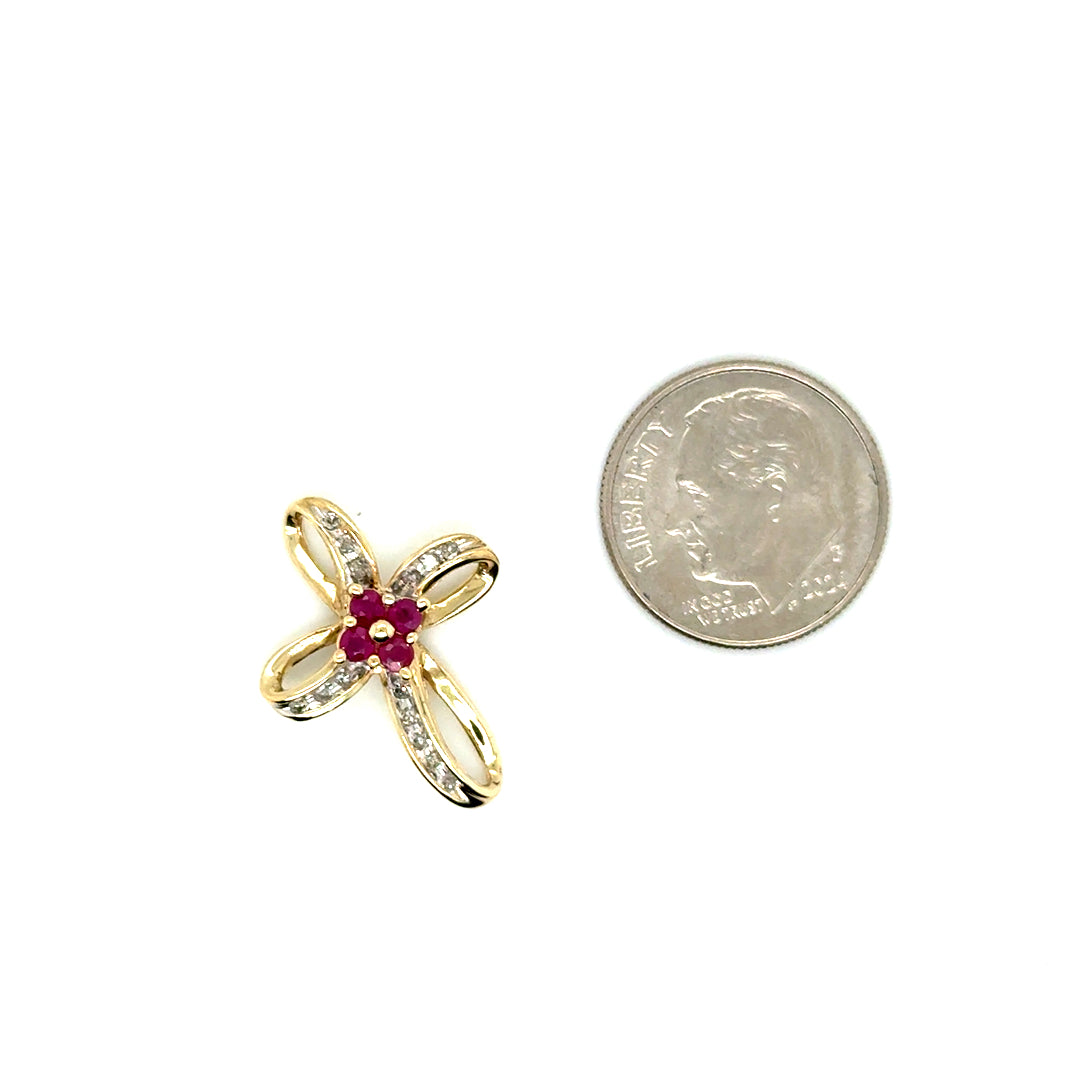 10k Yellow Gold Ruby & 0.10 CT TW Diamond Cross Pendant