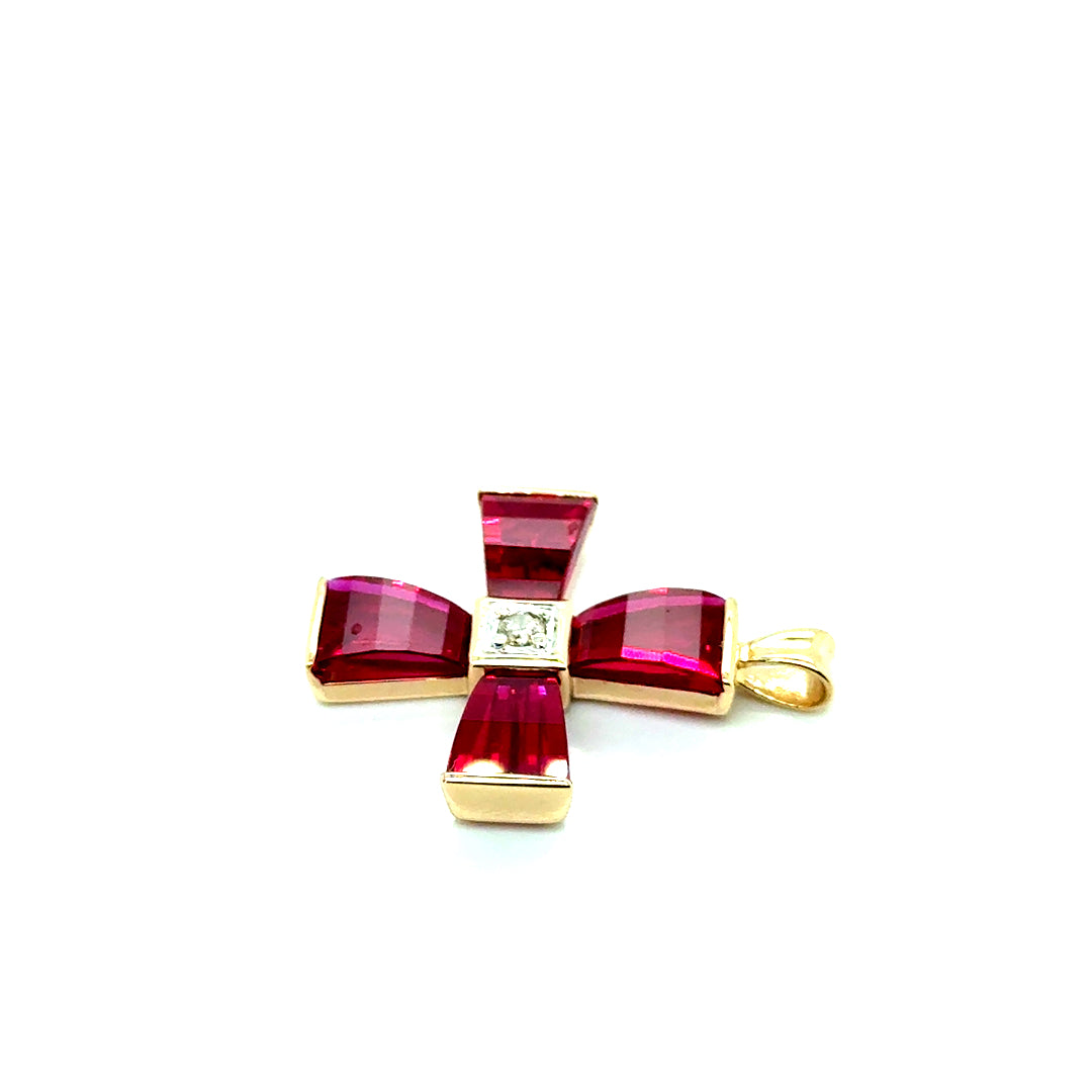 New 10k Yellow Gold Diamond & Pink Ruby Cross Pendant