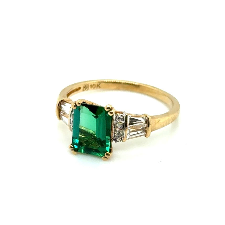 10k Yellow Gold Synthetic Emerald and Diamonds Ring