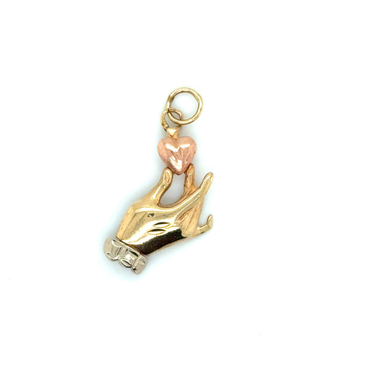 14k Yellow, White and Pink Gold Hand with Heart Pendant